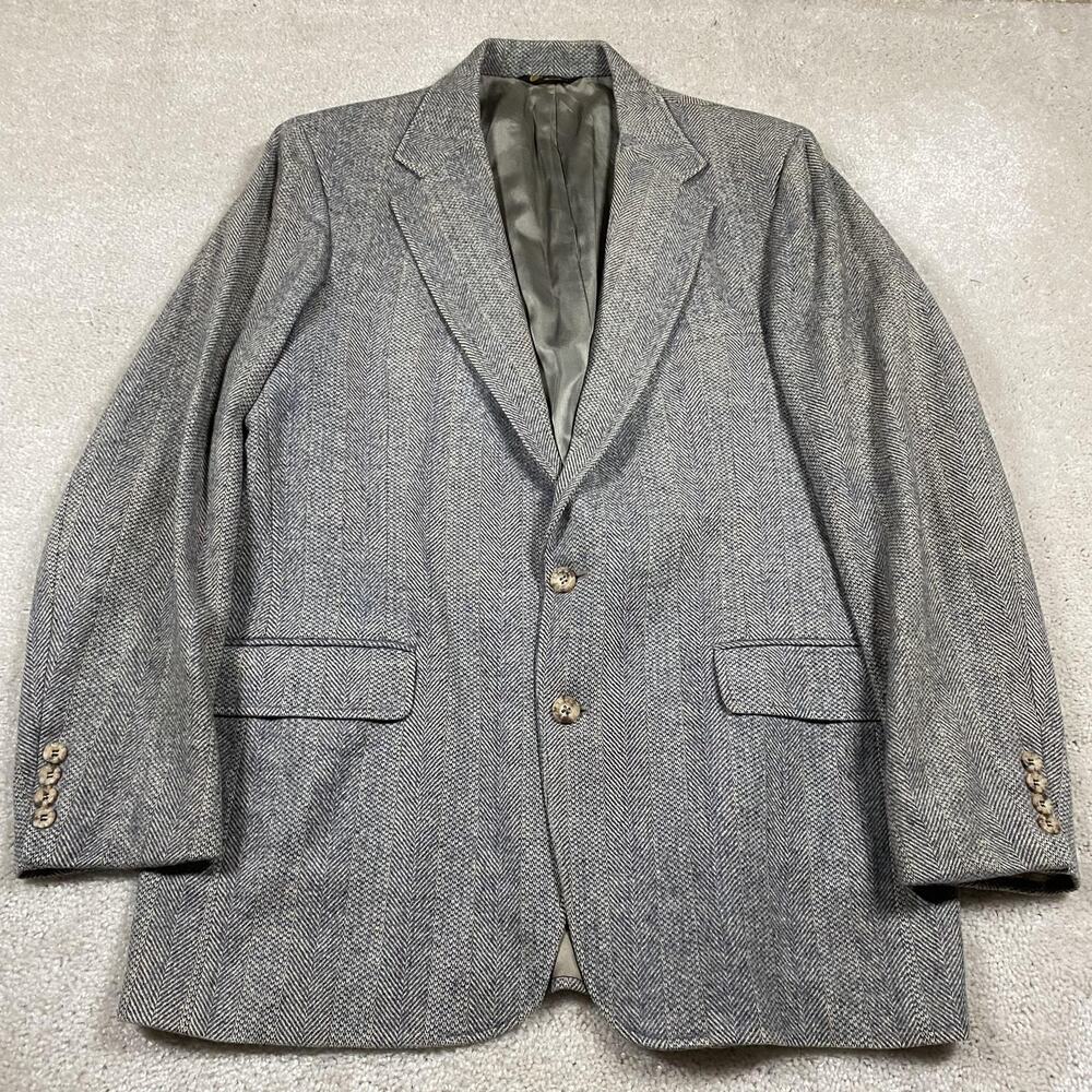 VanJulian Blazer Mens 44R Gray Herringbone Wool Sport‎ Coat Two Button Tweed